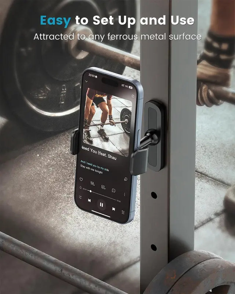 Gym Magnetic Phone Holder Mount , 360 Adjustable, Gym Accessories Compatible with 4.7-6.5" Smartphones for Iphone & Android, Cellphone Stand for Gym, Black, Fitness Must Have
