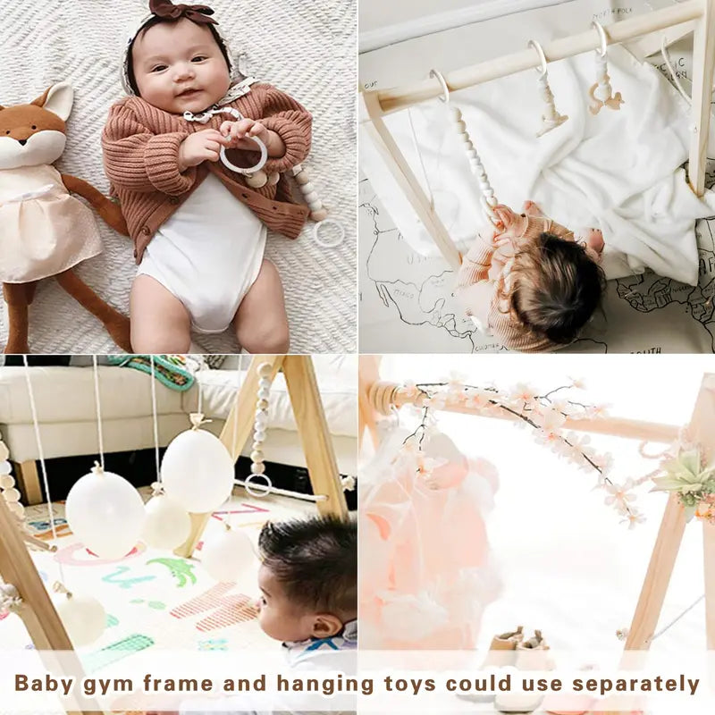 Wooden Baby Gym with 6 Gym Toys, Foldable Baby Play Gym, Natural Pine Wood Play Gym, Frame Activity Center Hanging Bar Newborn Gift Grey, Newborn Gift for Baby Girl and Boy