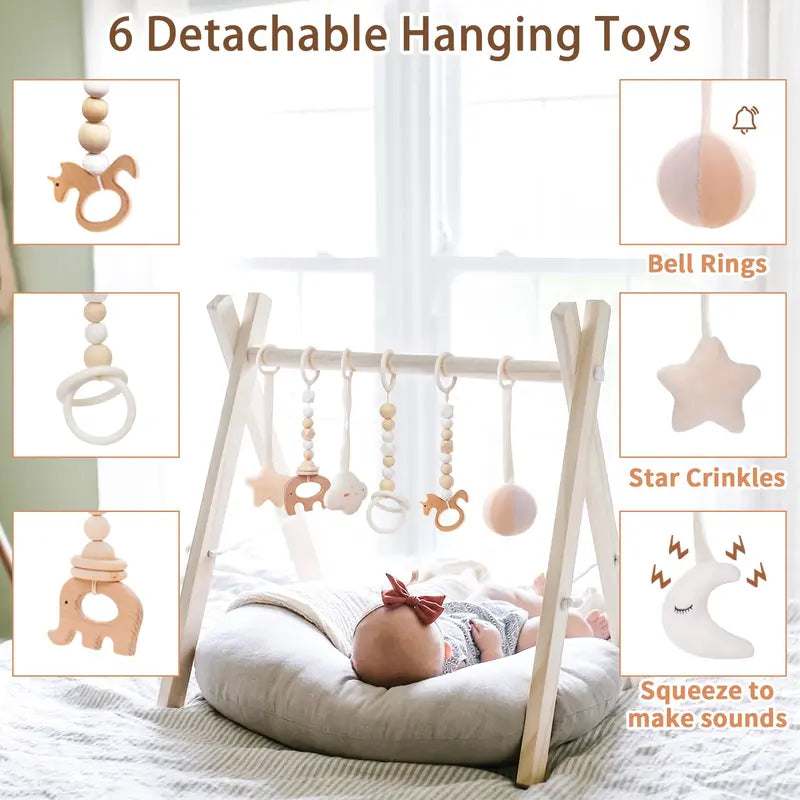 Wooden Baby Gym with 6 Gym Toys, Foldable Baby Play Gym, Natural Pine Wood Play Gym, Frame Activity Center Hanging Bar Newborn Gift Grey, Newborn Gift for Baby Girl and Boy