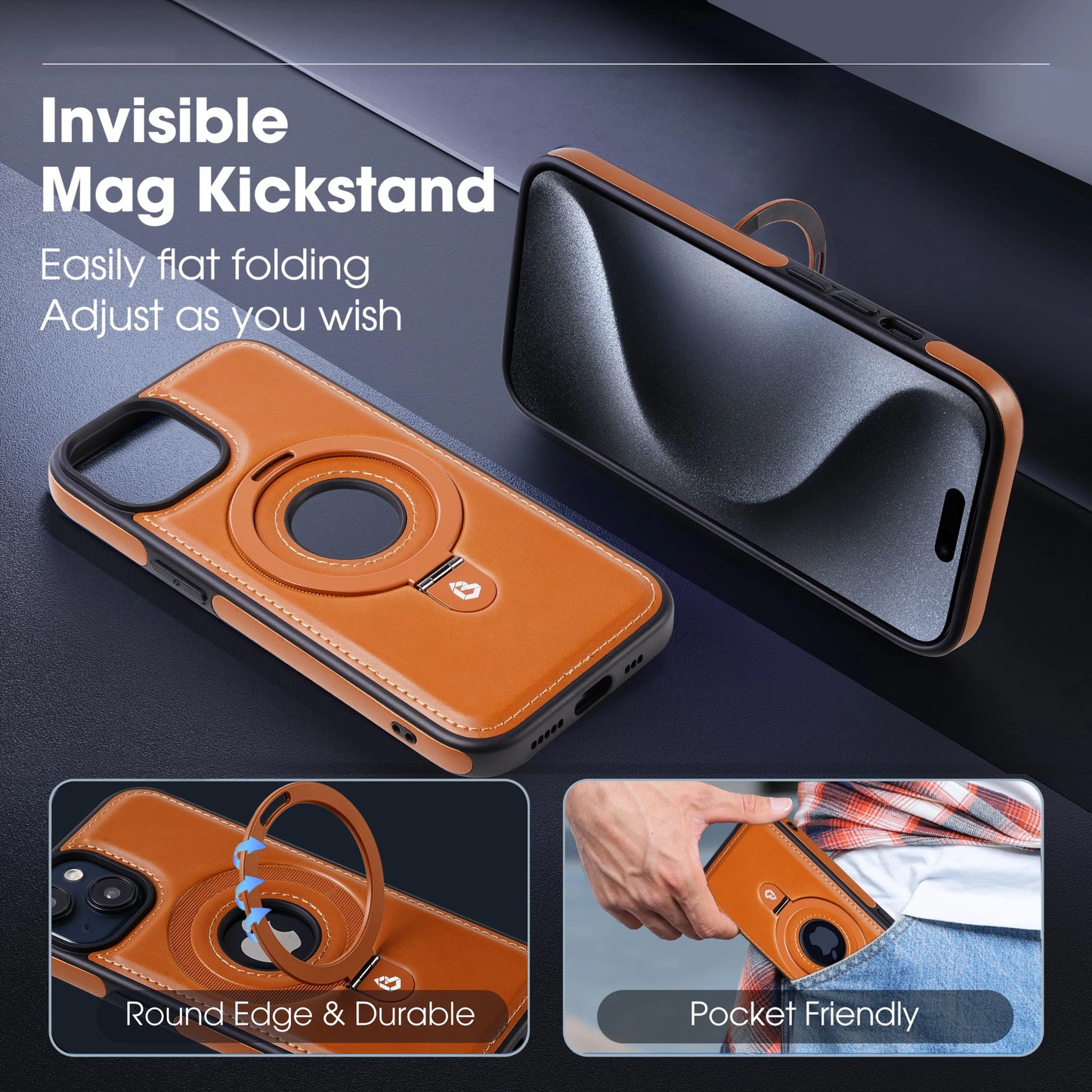Leren Magnetische Ringstandaard Telefoonhoesje voor iPhone 12 13 14 15 Pro Max 14 15 Plus Magnetische MagSafe Draadloze Oplaadhoes
