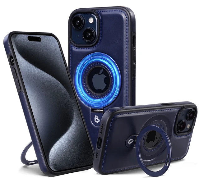 Leren Magnetische Ringstandaard Telefoonhoesje voor iPhone 12 13 14 15 Pro Max 14 15 Plus Magnetische MagSafe Draadloze Oplaadhoes