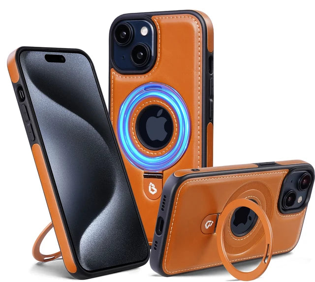 Leren Magnetische Ringstandaard Telefoonhoesje voor iPhone 12 13 14 15 Pro Max 14 15 Plus Magnetische MagSafe Draadloze Oplaadhoes