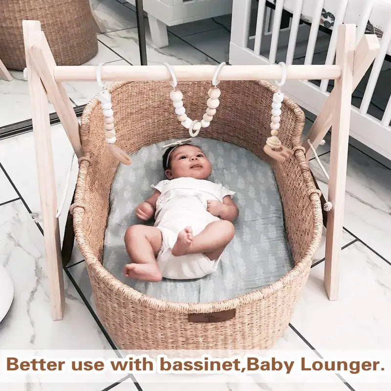 Wooden Baby Gym with 6 Gym Toys, Foldable Baby Play Gym, Natural Pine Wood Play Gym, Frame Activity Center Hanging Bar Newborn Gift Grey, Newborn Gift for Baby Girl and Boy