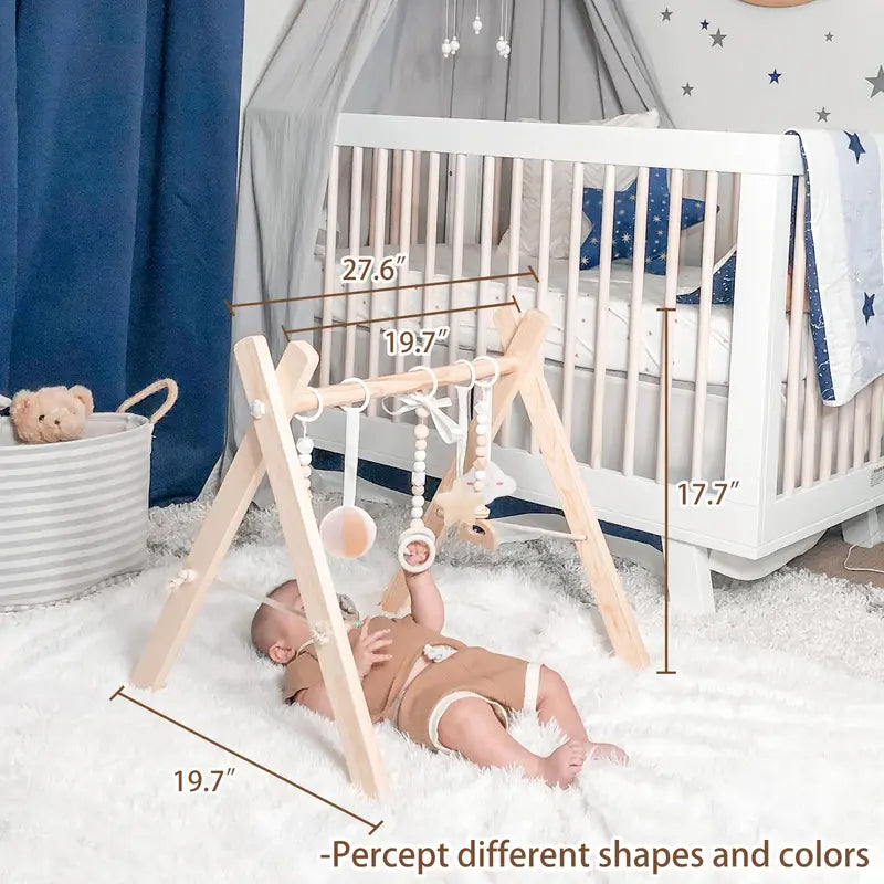 Wooden Baby Gym with 6 Gym Toys, Foldable Baby Play Gym, Natural Pine Wood Play Gym, Frame Activity Center Hanging Bar Newborn Gift Grey, Newborn Gift for Baby Girl and Boy