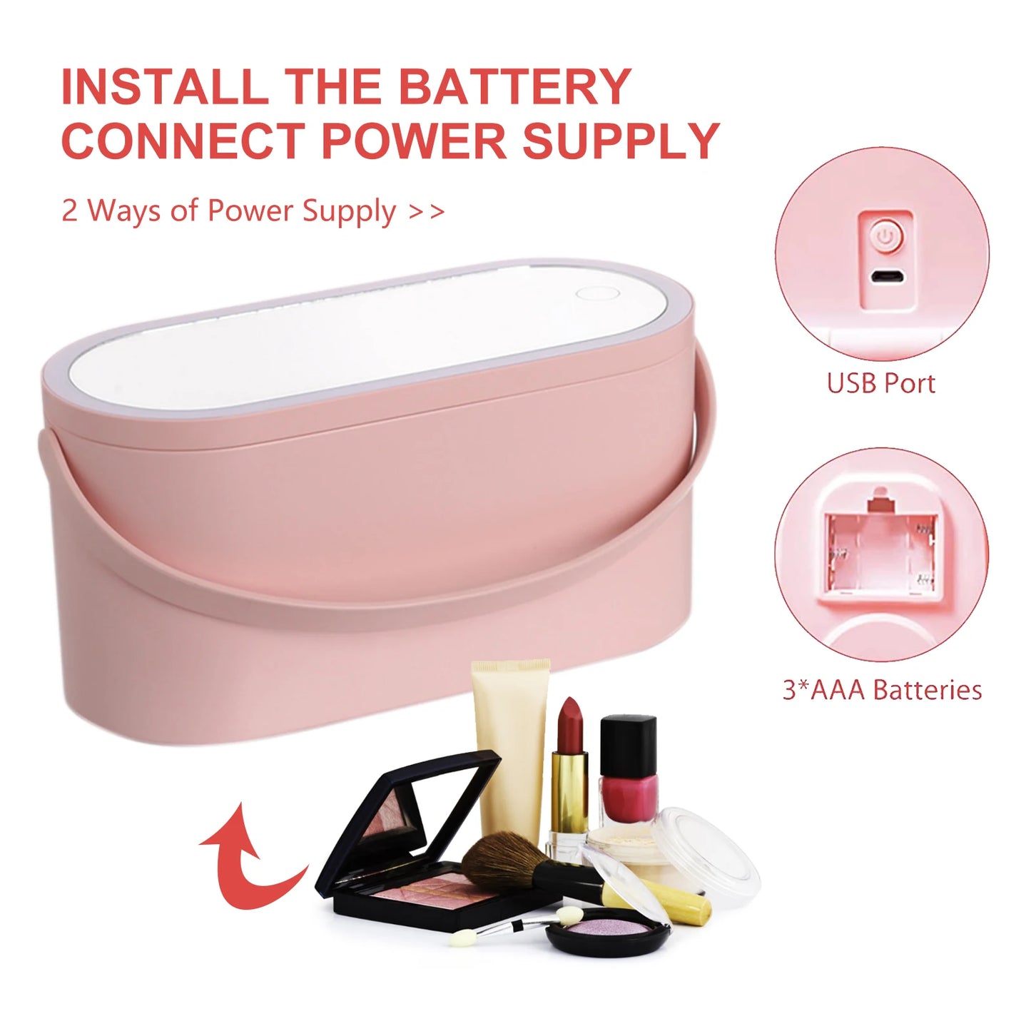 Make-up Organizer Doos met LED Verlichtingsspiegel, Draagbare Reismake-up Cosmetica Organizer, Touch Light Opslag Make-up Case
