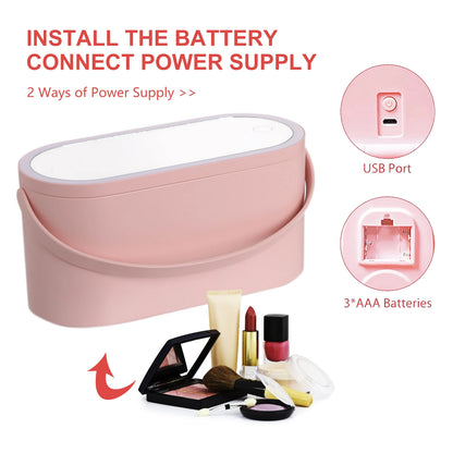 Make-up Organizer Doos met LED Verlichtingsspiegel, Draagbare Reismake-up Cosmetica Organizer, Touch Light Opslag Make-up Case